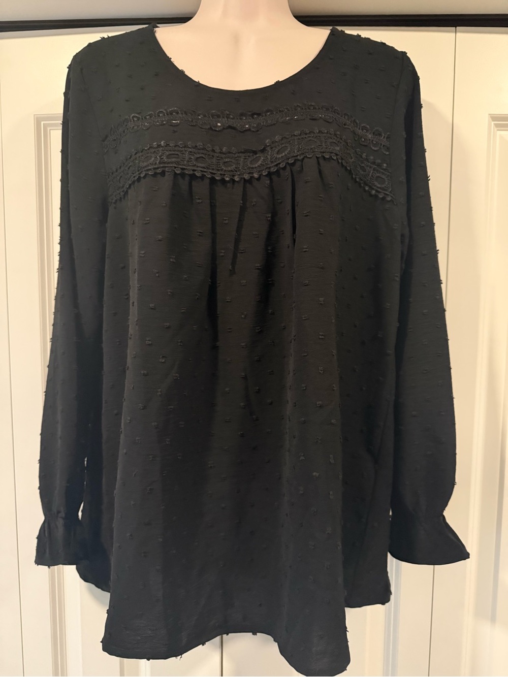 Womens large L black Swiss dot Blouse top lace new